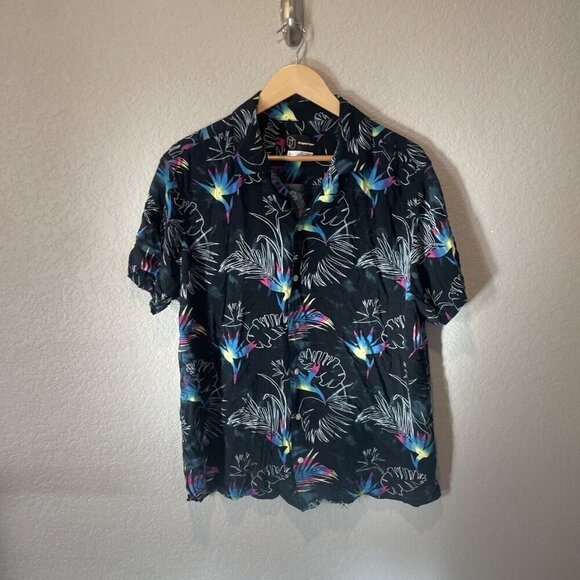 Hawaiian Button Down Aloha Floral Shirt Men L Original Use Black Rayon - Picture 2 of 10
